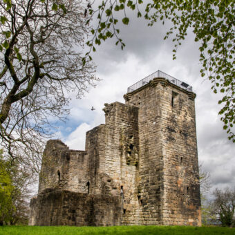 A stone-built tower house framed by branches