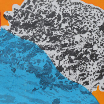 Hands pulling a blue “blanket” of water over an aerial image of an excavated site