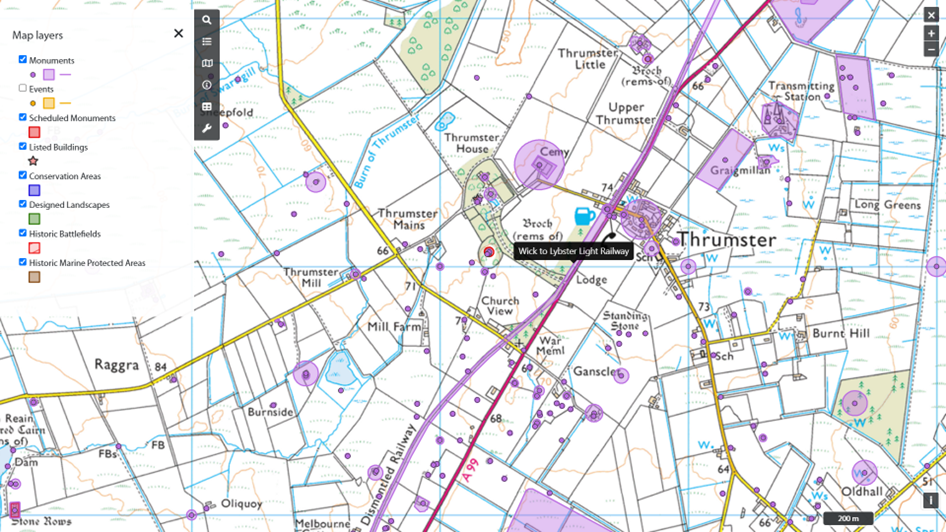 Screengrab showing a map of a small Scottish town, with a legend in the top left, and purple dots indicating areas of historical interest