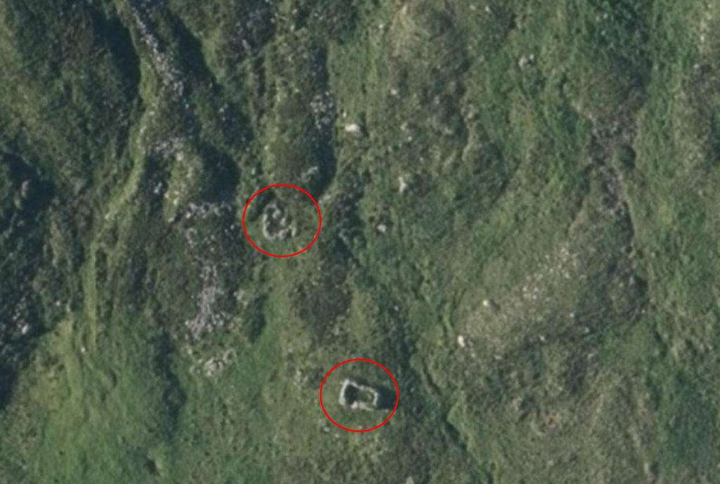 Screenshot of an aerial image from the Scottish Highlands, with red circles indicating two stone structures