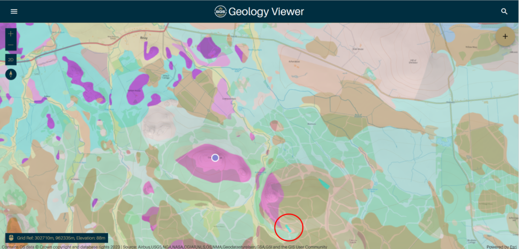 Screenshot of a map on Geology viewer showing sections in different colours to indicate different kinds of rock