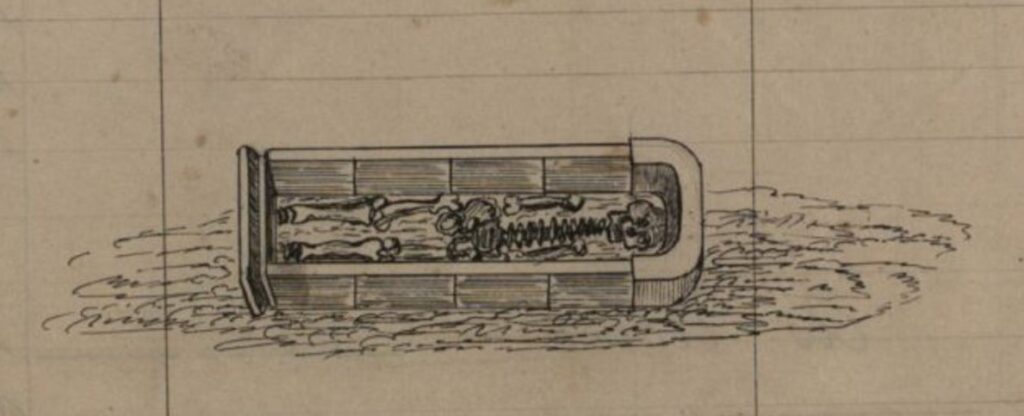 Sketch of a skeleton inside a stone coffin