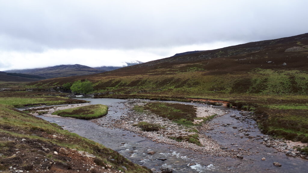 Mountainous site with water flowing through it