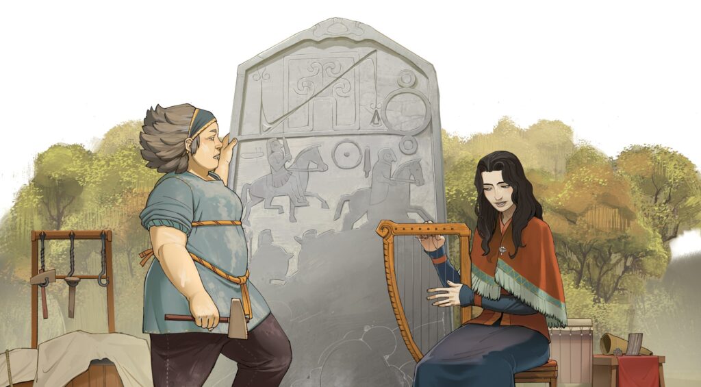 A stonemason and bard in a scene from the section about ‘Your Protector, King Bridei mac Beli’ in Carved in Stone (Image Credit: Nathaniel Santore gyrium.neocities.org)