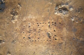 Aerial view of postholes and pits at the excavation site