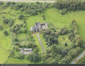 Aerial view of an old mansion on an estate