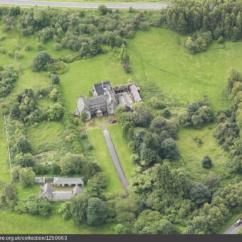 Aerial view of an old mansion on an estate