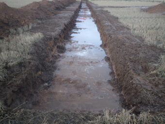 Photo of a rectangular trench in a field filled with water
