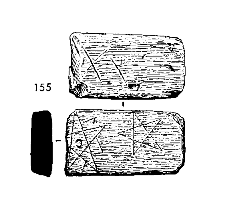 Black and white illustration of a decorated piece of wood (broken). Obverse has two five-pointed stars, reverse two simple crosses. 