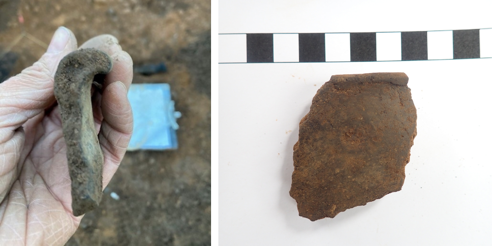 Collage of two images: left: Photo of a hand holding up a piece of pottery found in an archaeological trench, and right: Photo of a brown piece of prehistoric pottery against a white background