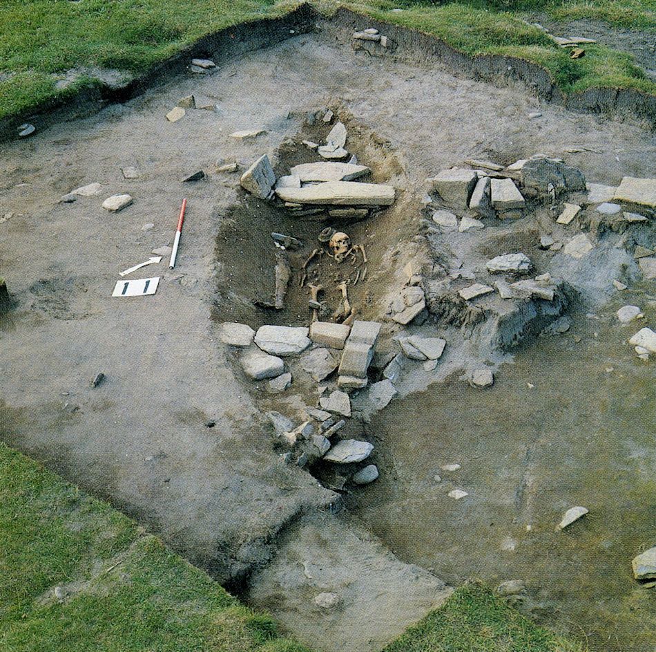 Photo of a Viking boat burial showing a skeleton in the centre