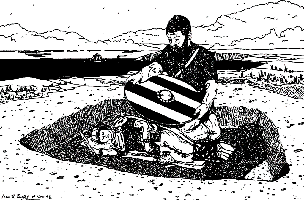 Pen and ink drawing of an adult Viking warrior burying a child with a round shield on an island