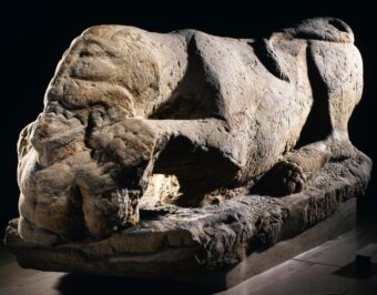 Sandstone sculpture of a Roman lioness devouring human prey