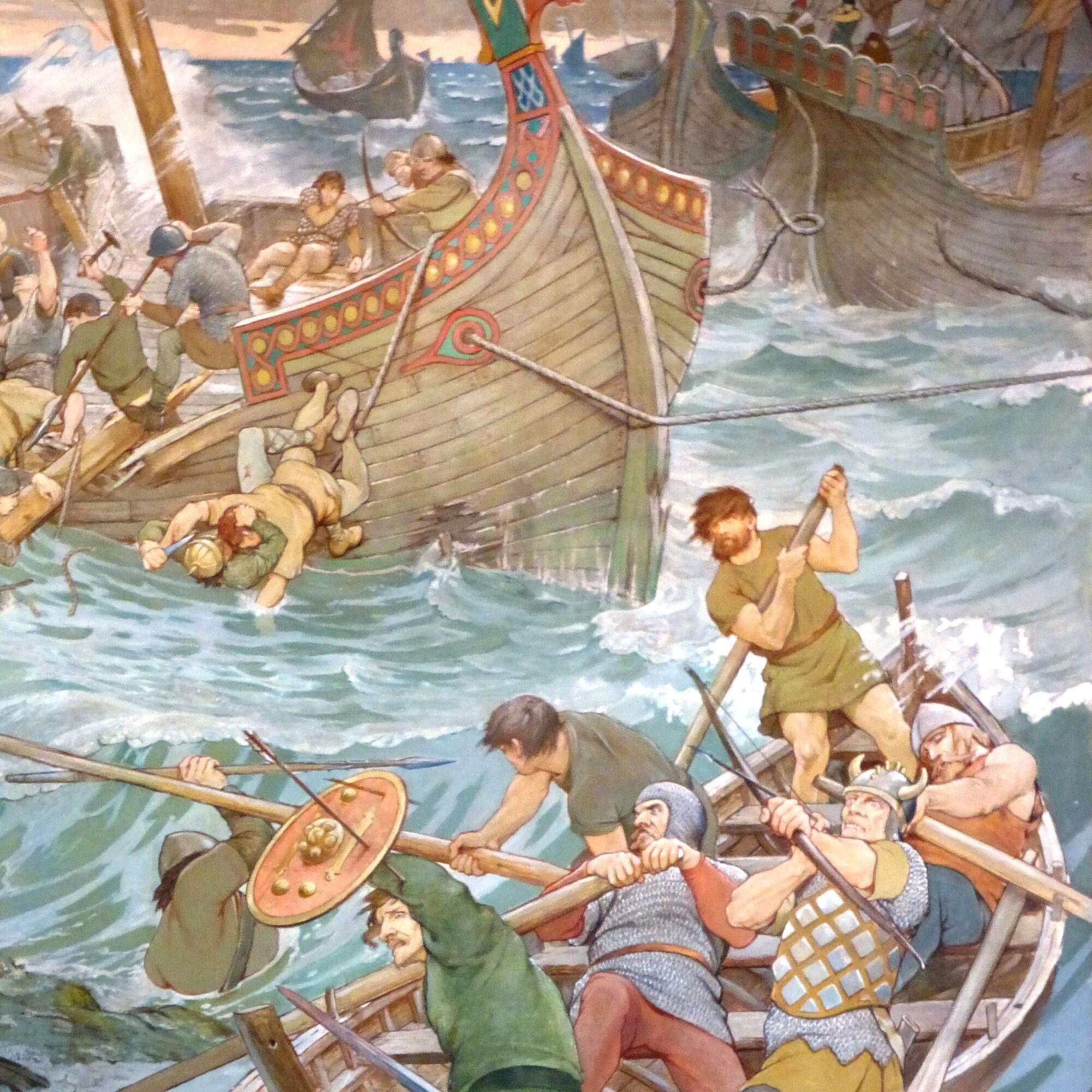 Illustration of Vikings and their ships on the water in a battle scene