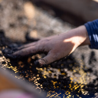 Person using their hands to push soil through a sieve
