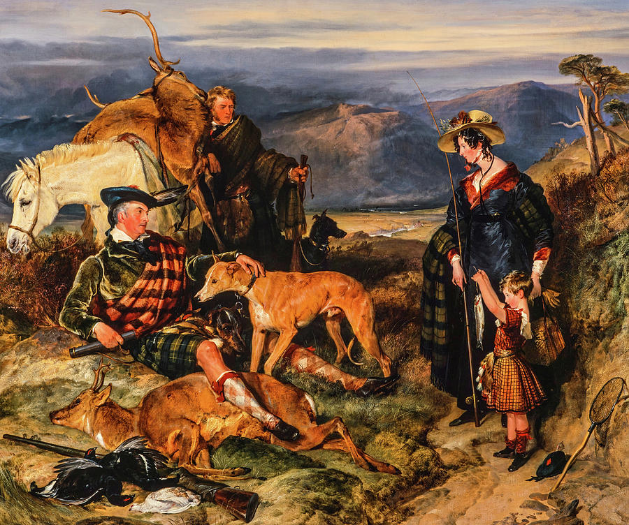 A Scottish Highlands hunting scene with a lord, a lady, a child, a gillie, two dogs, a horse, and two slain deer.