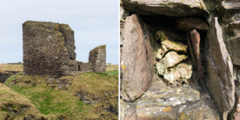 Photo of the stone remains of a square-built tower clinging on to a cliff edge and