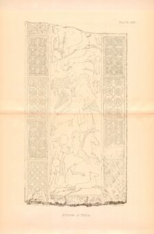 Sketch of the back of a tall carved stone. This scene is extremely complicated and made more difficult to interpret by deliberate defacement. Among the depictions are two Pictish symbols: an eagle above a Pictish Beast, a sheep, the oldest evidence of a European triangular harp, and hunting scenes.