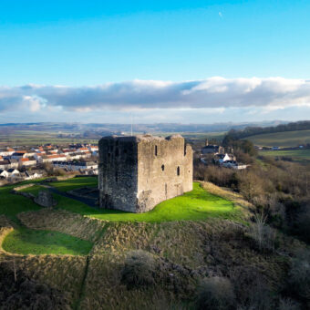 Aerial view of a large ruined castle