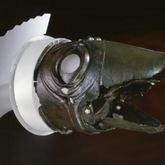 The Deskford carnyx is the head of an Iron Age trumpet. Found in the north-east of Scotland around 1816, it is a masterpiece of early Celtic art, shaped to resemble a wild boar with its upturned snout and decoration mirroring the folds of skin around a boar’s face. It is a complex composite construction, wrought from sheet bronze and brass.