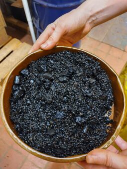 Photo of black, charred grains in a paper bowl