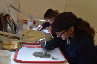 Photo of two people sat at a table leaning over trays of dried materials. sorting through them with tweezers and a light