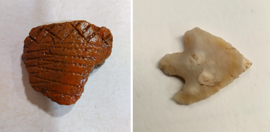 Photo of a piece of red prehistoric pot, with groove detail and photo of a tiny beige coloured arrowhead made of stone