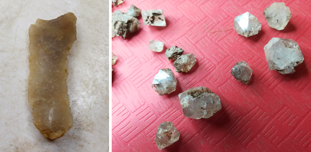Photo of a long piece of grey flint and photo of pieces of rock crystal on a red table
