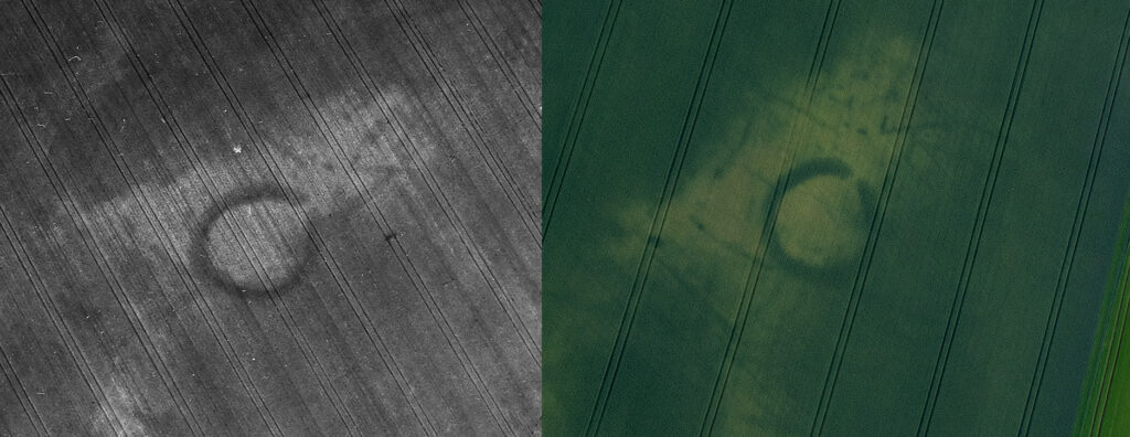 Two aerial photos of the same cropmark site from two different years