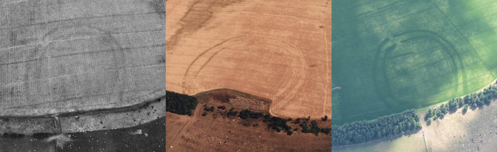 Three aerial photos of the same cropmark site taken in three different years; showing the foundations of a hillfort