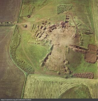 Broxmouth, oblique aerial view, showing the excavation of the fort
