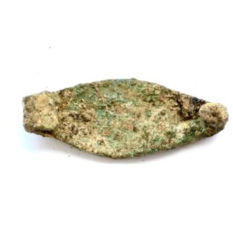 Small piece of lozenge-shaped metal with the two ends folded in a curve