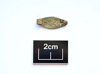 Small piece of lozenge-shaped metal with the two ends folded in a curve