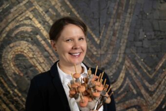 A person holding a bunch of sticks (spindles) and disks or spherical objects positioned on the bottom of the spindle