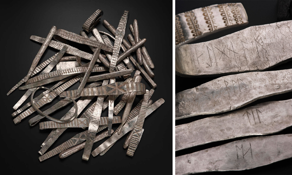 Photo of a pile of hacksilver and a close up of four curved silver arm rings with etched runic inscriptions