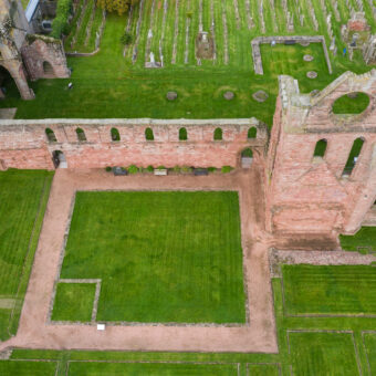 Aerial view of a ruined abbey