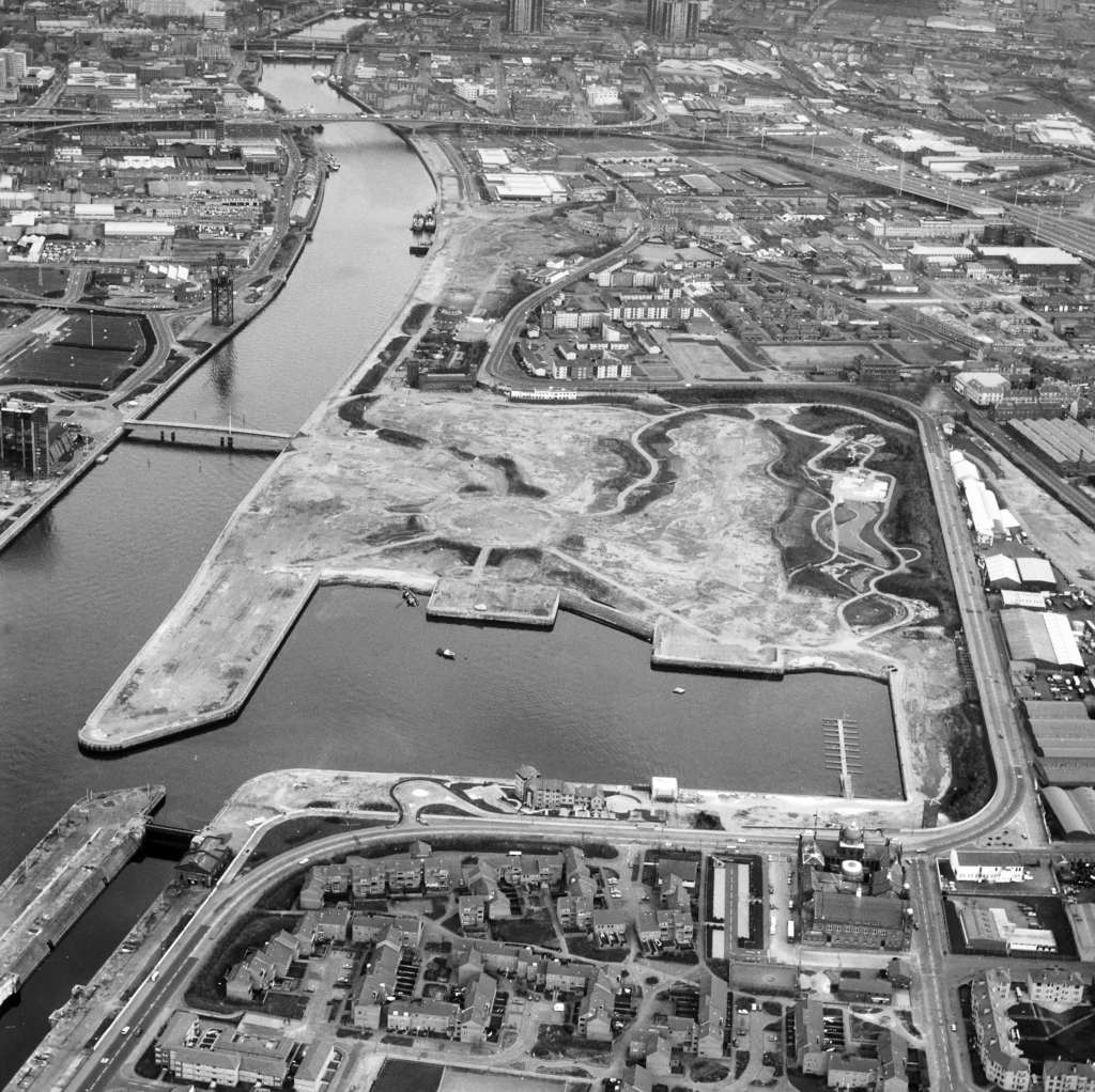 Black and white aerial view of a city
