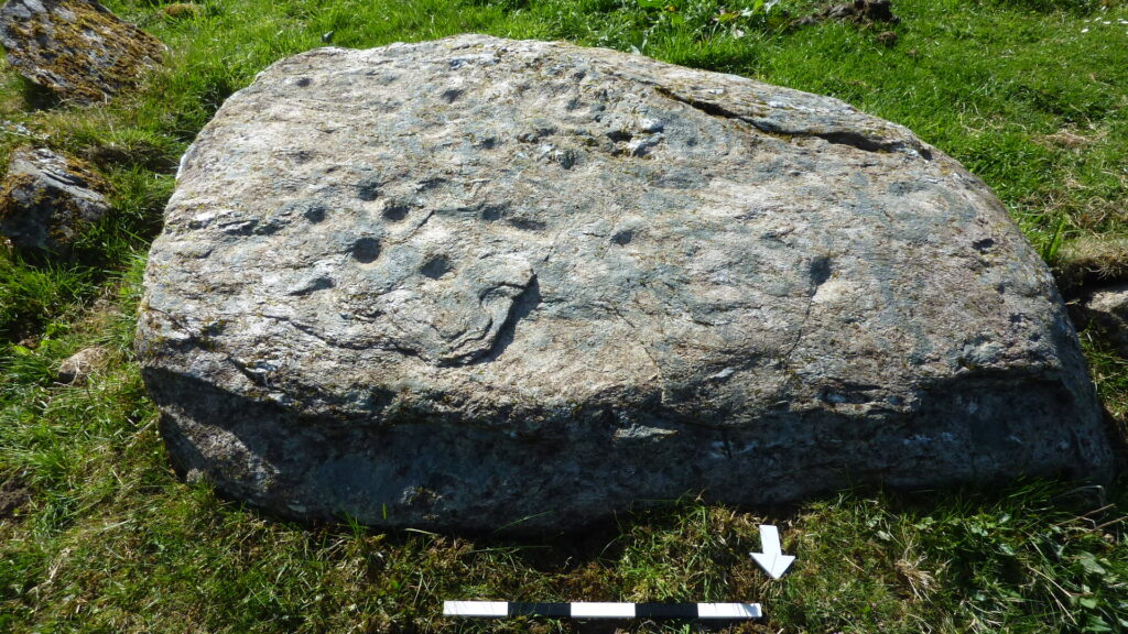 A rock slab in the landscape with prehistoric art carved on it