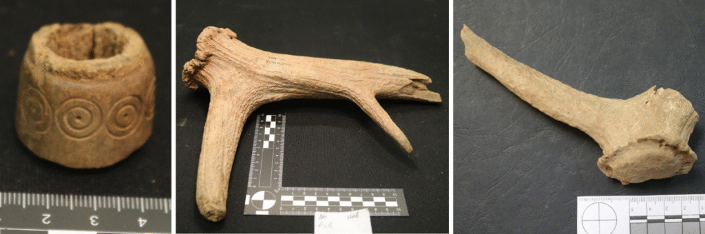 Collage of three images: left, a photo of a decorated round bead made from deer antler; centre, a photo of a pick made from deer antler; right, a photo of a hammer tool made from deer antler)