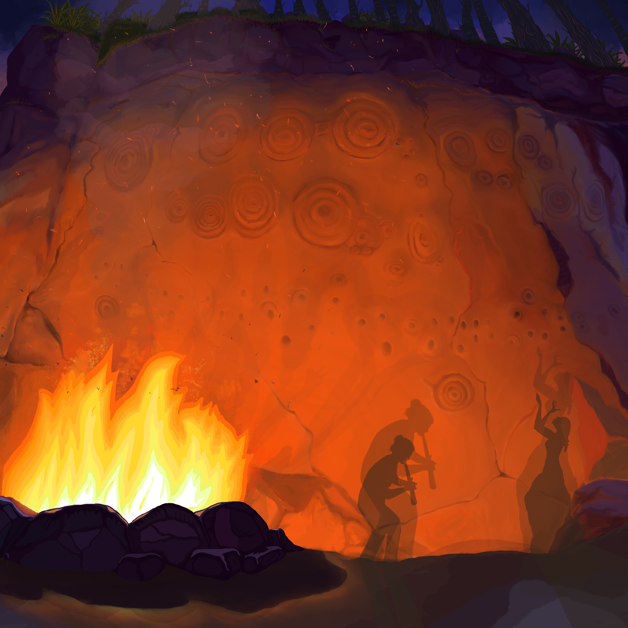 Digital artwork of the shadows of two people dancing reflected on a cave wall in the firelight
