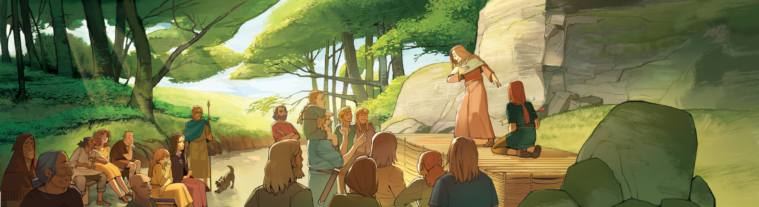 An illustration of two bards - one of whom wears typical early medieval clothing and the other a costume mimicking Pictish nobility - on a stage in a forest performing to an audience