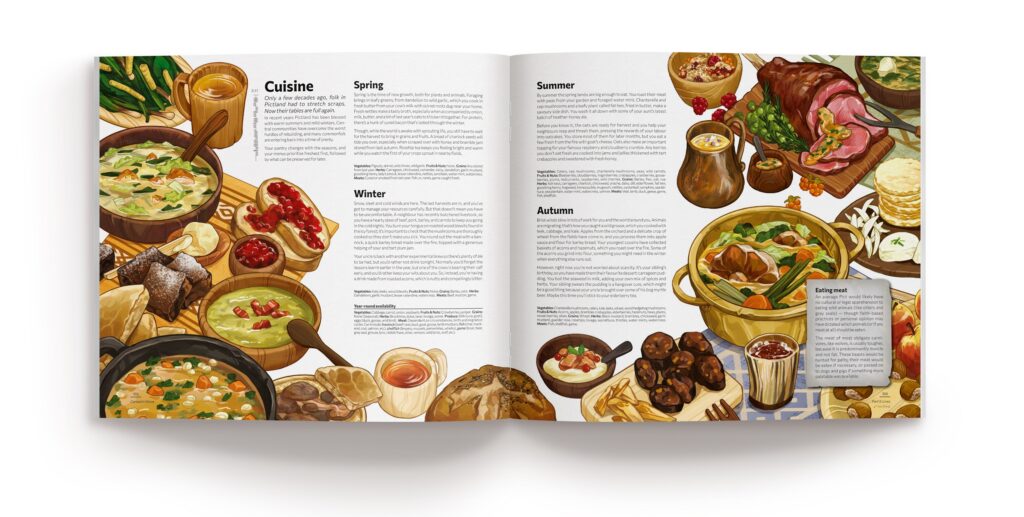 The 'Carved in Stone' book opened to the ‘Cuisine’ section, with text on the page bordered by an illustration of Pictish food and drink