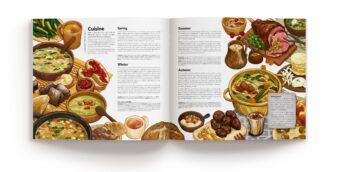 The 'Carved in Stone' book opened to the ‘Cuisine’ section, with text on the page bordered by an illustration of Pictish food and drink
