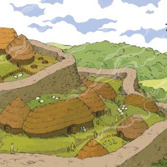 An illustration of a Pictish hillfort with a range of structures, people and animals inside the defensive ramparts