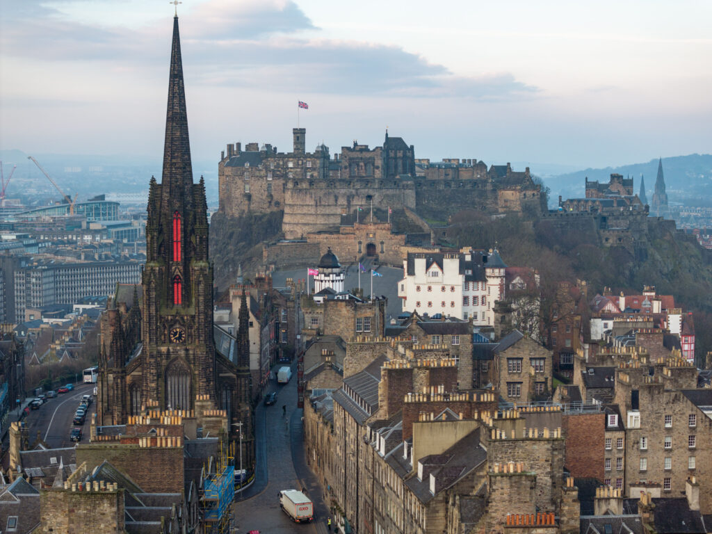 Aerial view of the Edinburgh skyline showing Edinburgh castle