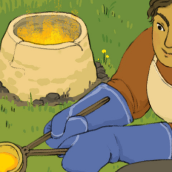 Digital illustration of a person conducting experimental archaeology