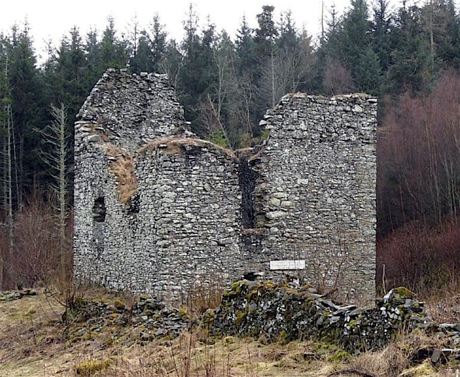 Photo of the ruins of a small, square grey stone tower in a field with woods behind