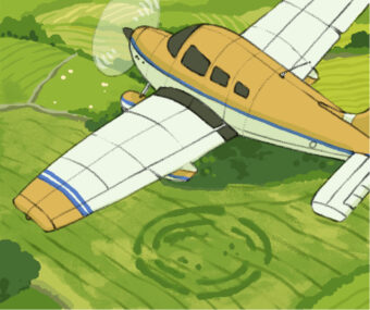 Digital illustration of a plane flying over a crop mark in a field