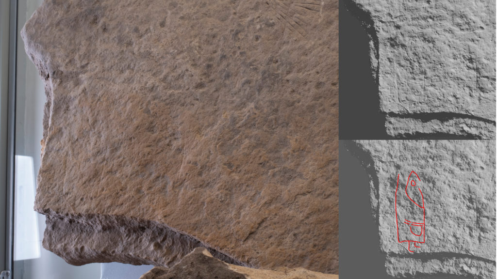  The bottom left corner of Pool (S-ORK-008) when photographed (left), processed into 3D (top right), and with the newly identified carving outlined in red (bottom right).