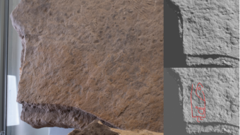 The bottom left corner of Pool (S-ORK-008) when photographed (left), processed into 3D (top right), and with the newly identified carving outlined in red (bottom right).